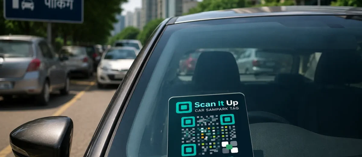 Scan It Up car sampark tag attached to a car windshield in an Indian urban parking lot