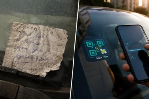Comparison between old handwritten parking note and modern QR code car sticker by Scan It Up