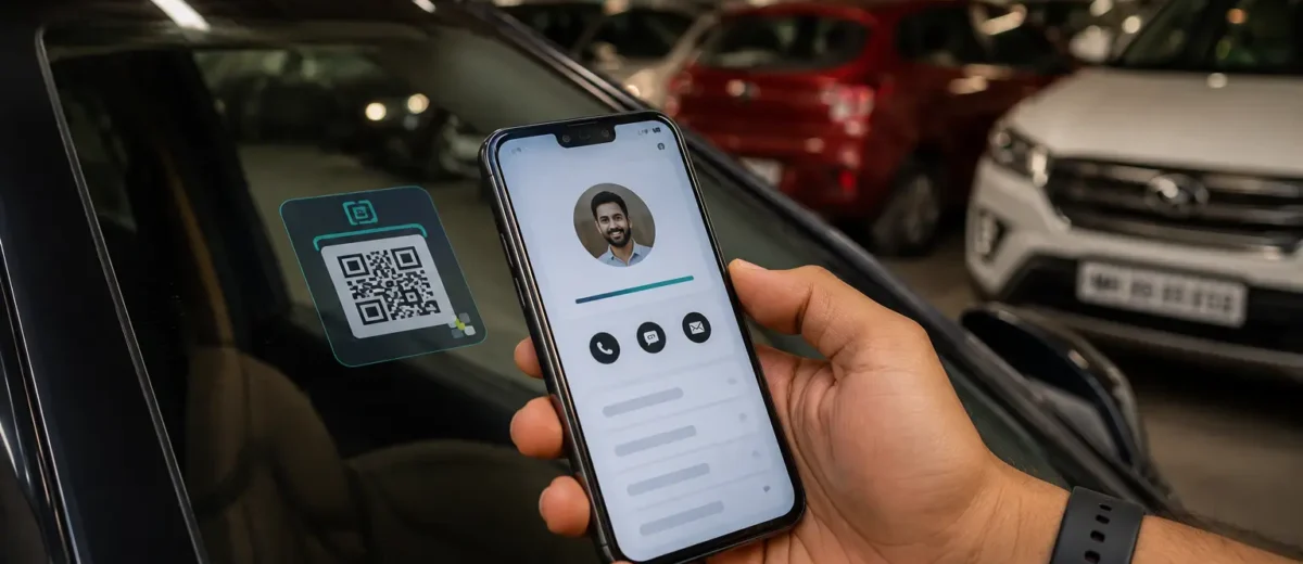 Person scanning a vehicle QR code sticker using smartphone in Indian parking garage