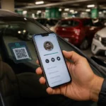 Person scanning a vehicle QR code sticker using smartphone in Indian parking garage