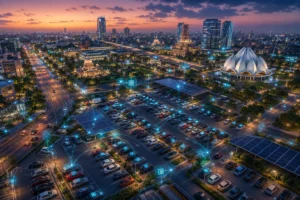 Futuristic Indian smart city with connected vehicle QR parking system
