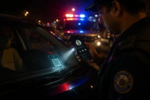 Police officer scanning emergency vehicle QR code at night