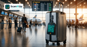 Smart QR luggage tag by ScanItUp attached to suitcase at airport terminal