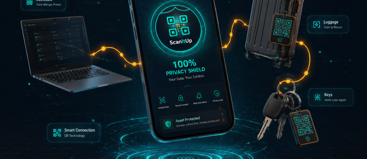 ScanItUp smart QR asset recovery ecosystem with privacy shield dashboard and connected devices
