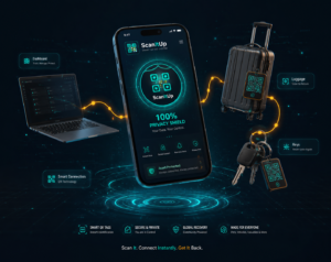 ScanItUp smart QR asset recovery ecosystem with privacy shield dashboard and connected devices