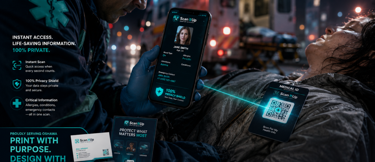 Paramedic scanning Scan It Up emergency medical ID QR card using smartphone during nighttime emergency