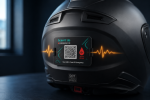 Scan It Up emergency medical ID QR card attached to motorcycle helmet with heartbeat pulse effect