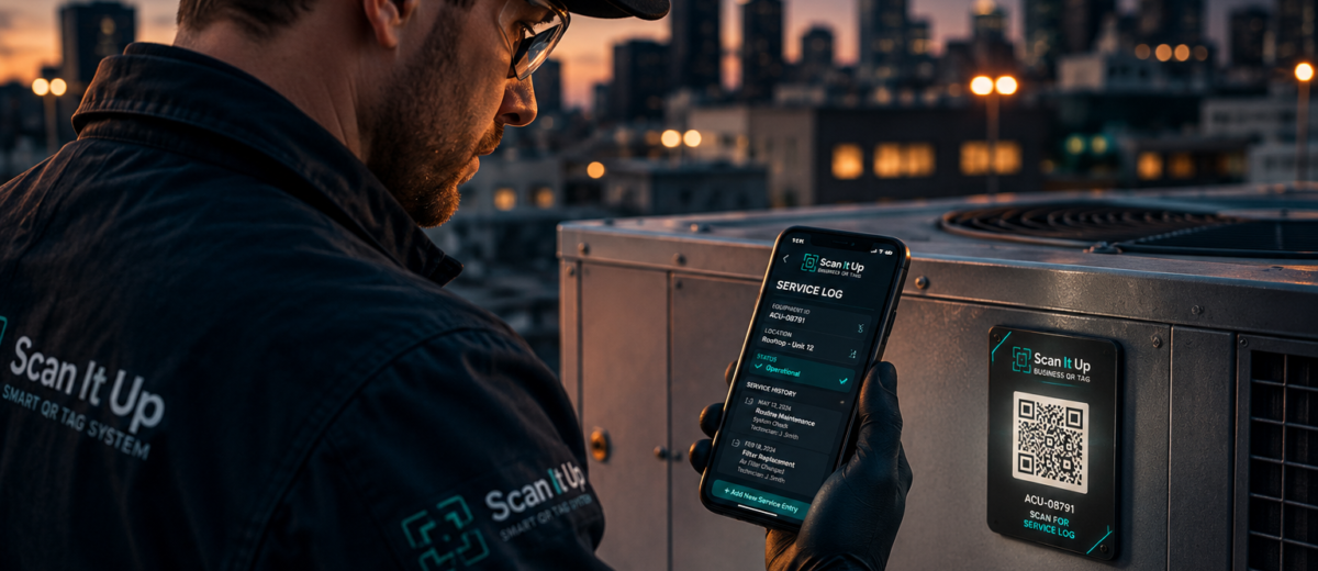 Technician scanning Scan It Up business QR tag on industrial AC unit using smartphone rooftop at dusk