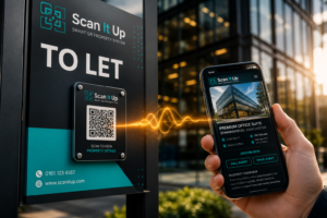 Person scanning Scan It Up QR property tag on commercial real estate sign using smartphone