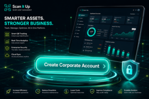 Scan It Up corporate asset management dashboard with analytics tablet and secure QR tracking platform
