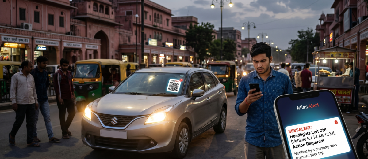 Car headlights left on draining battery in Indian street with Miss alert mobile notification alert warning driver