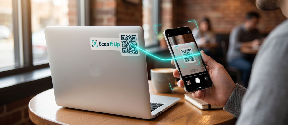 Person scanning ScanItUp smart QR code sticker on laptop using smartphone