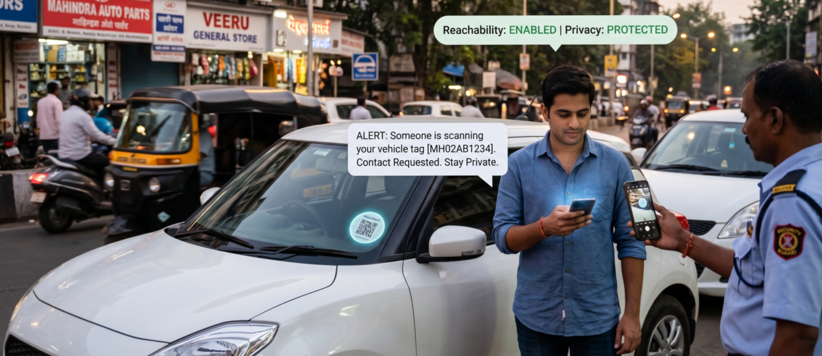 Miss Alert vehicle tag scanned by security guard sending real-time notification to car owner on busy Indian street