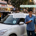Miss Alert vehicle tag scanned by security guard sending real-time notification to car owner on busy Indian street