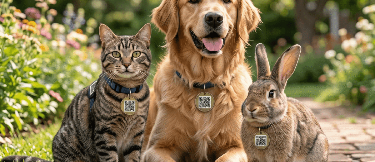 QR code pet tags for dogs cats and rabbits showing universal pet identification system by miss alert