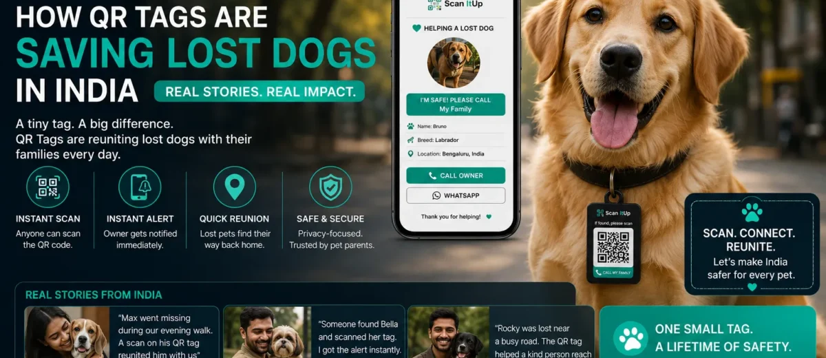 Scan It Up QR pet tags helping reunite lost dogs with families in India through instant QR code scanning and secure contact access.