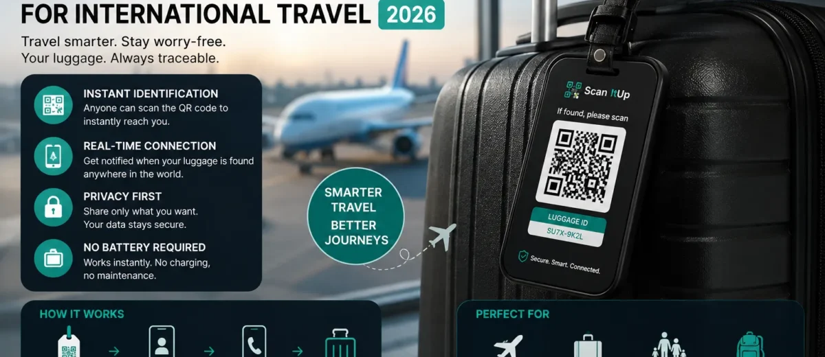 Scan It Up smart luggage tag for international travel 2026 featuring QR code identification, secure contact sharing, and smart baggage recovery.