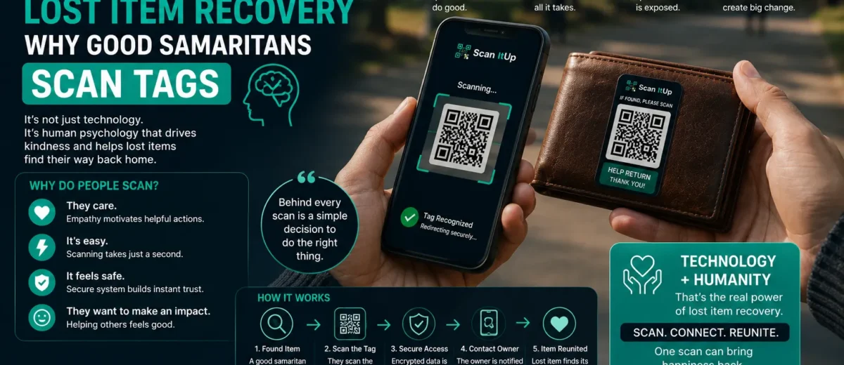 Scan It Up QR tag system demonstrating the psychology behind lost item recovery and why good samaritans scan QR tags to help return belongings.