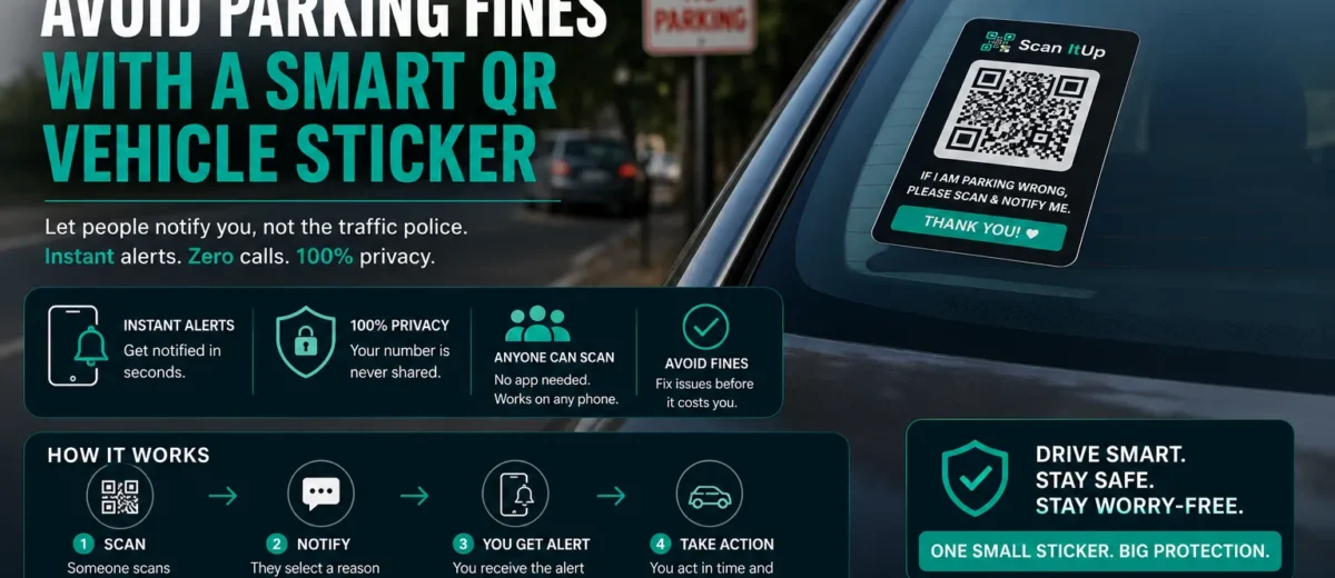 Scan It Up smart QR vehicle sticker helping drivers avoid parking fines through instant private parking alerts.