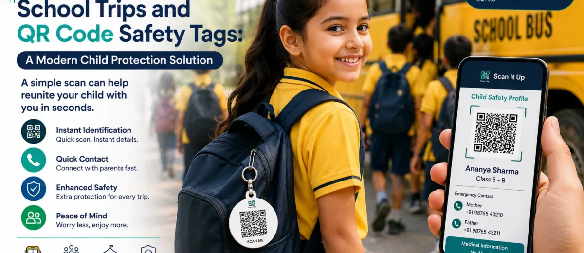 School child wearing a Scan It Up QR code safety tag during a school trip while a smartphone scans the QR code to access emergency contact details and child safety information.