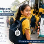 School child wearing a Scan It Up QR code safety tag during a school trip while a smartphone scans the QR code to access emergency contact details and child safety information.